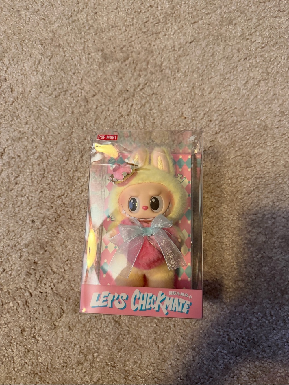 POP MART Let's Checkmate Plush Doll in Yellow & Pink with Ribbon